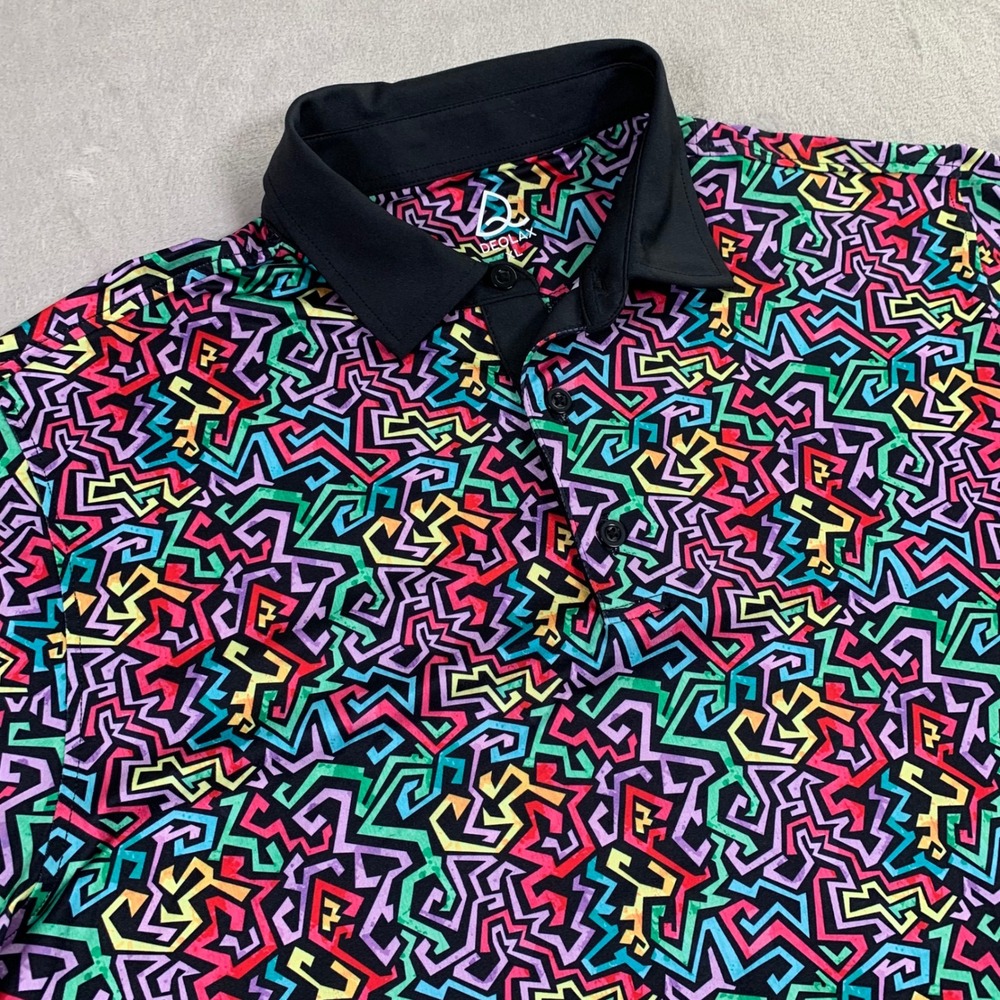 Deolax Golf Polo Shirt Mens XL Geometric Maze Multi Color Performance Stretch